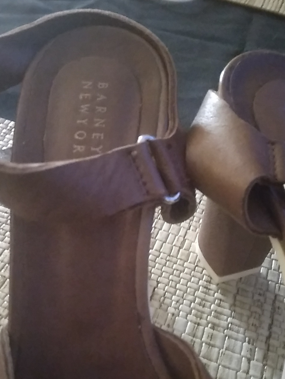 Barneys New York Brown Leather Block Heel Sandals with Ankle Strap.